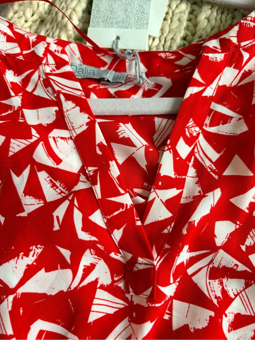 Dalia Red & White Abstract V-Neck Blouse